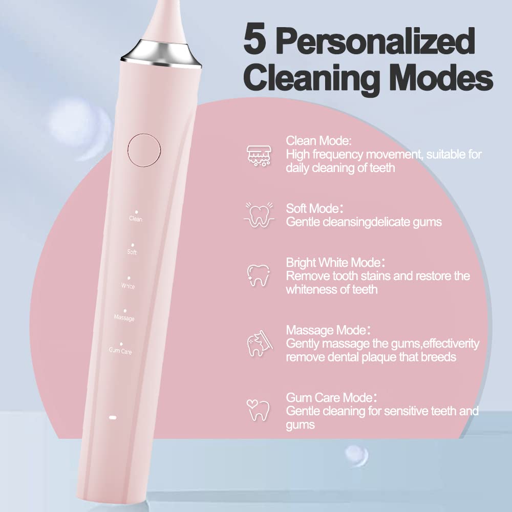 MYCIEMDIX Pink Electric Toothbrush with Travel Case,Sonic Toothbrush for Adults Rechargeable with Auto Timer and IPX7 Waterproof,Travel Electric Toothbrush USB with 8 Brush Heads,5 Models