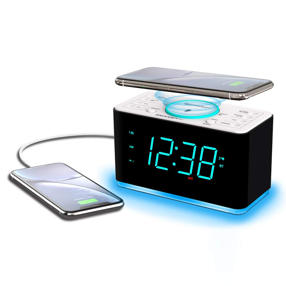 Emerson Radio ER100401 Smartset Alarm Clock Radio, 15Watt Ultra Fast Wireless Charging Dual Alarm Clock Radio with Bluetooth Speaker, USB Charger, Cyan LED Night Light and 1.4" Display