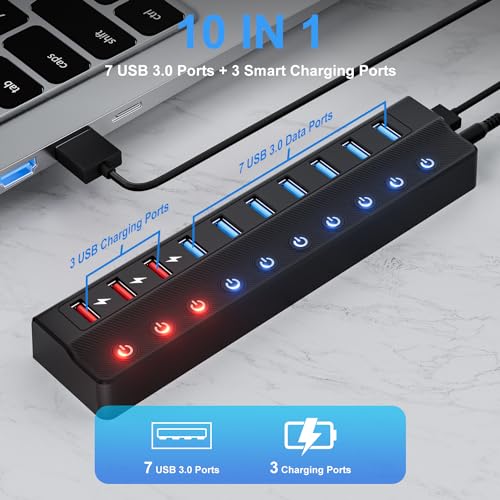 Hub Port: ONFINIO Powered USB Hub 10-Port USB Splitter – Side View