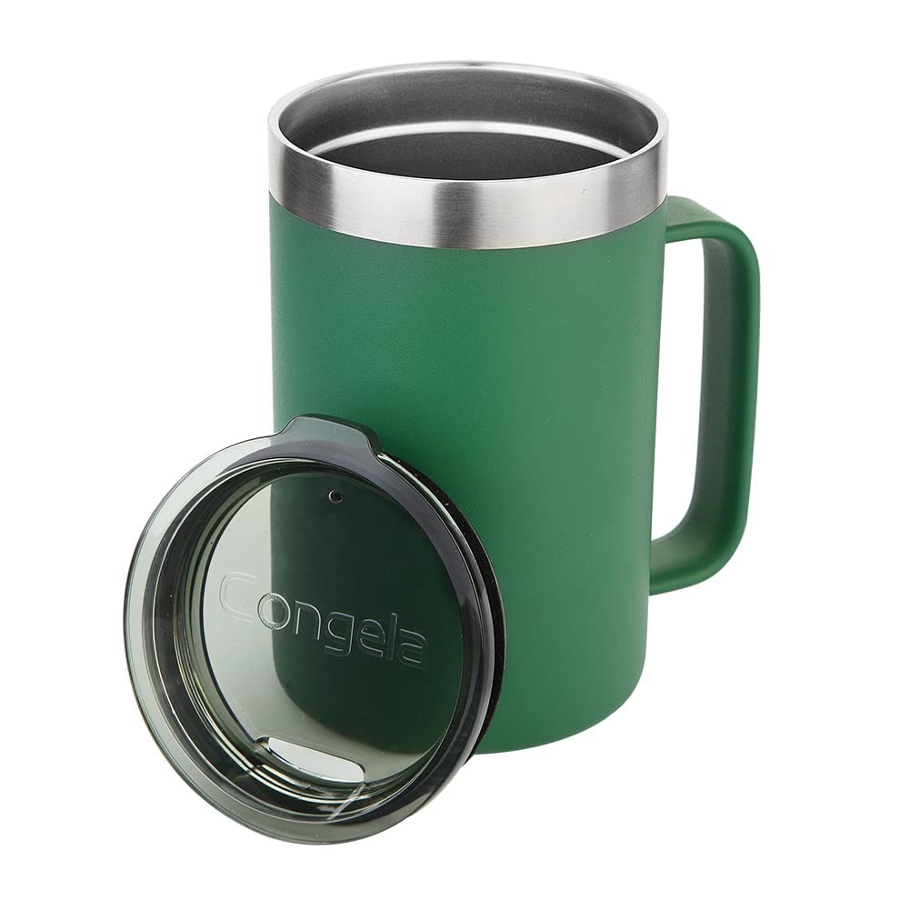 Congela 18oz Premium Stainless steel insulated coffee mug with handle, double wall insulated coffee mug, travel camping cup with Tritan lid, Green color(Forest, 18oz)