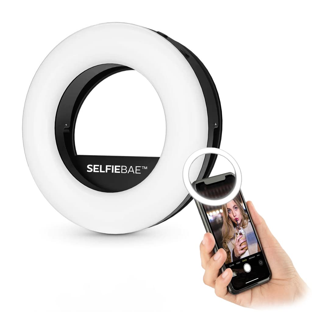SelfieBae Clip On Rechargeable LED Selfie Light Ring 3 Light Modes Portable for iPhone Android Smart Phone iPad Tablet or Mirror (White)
