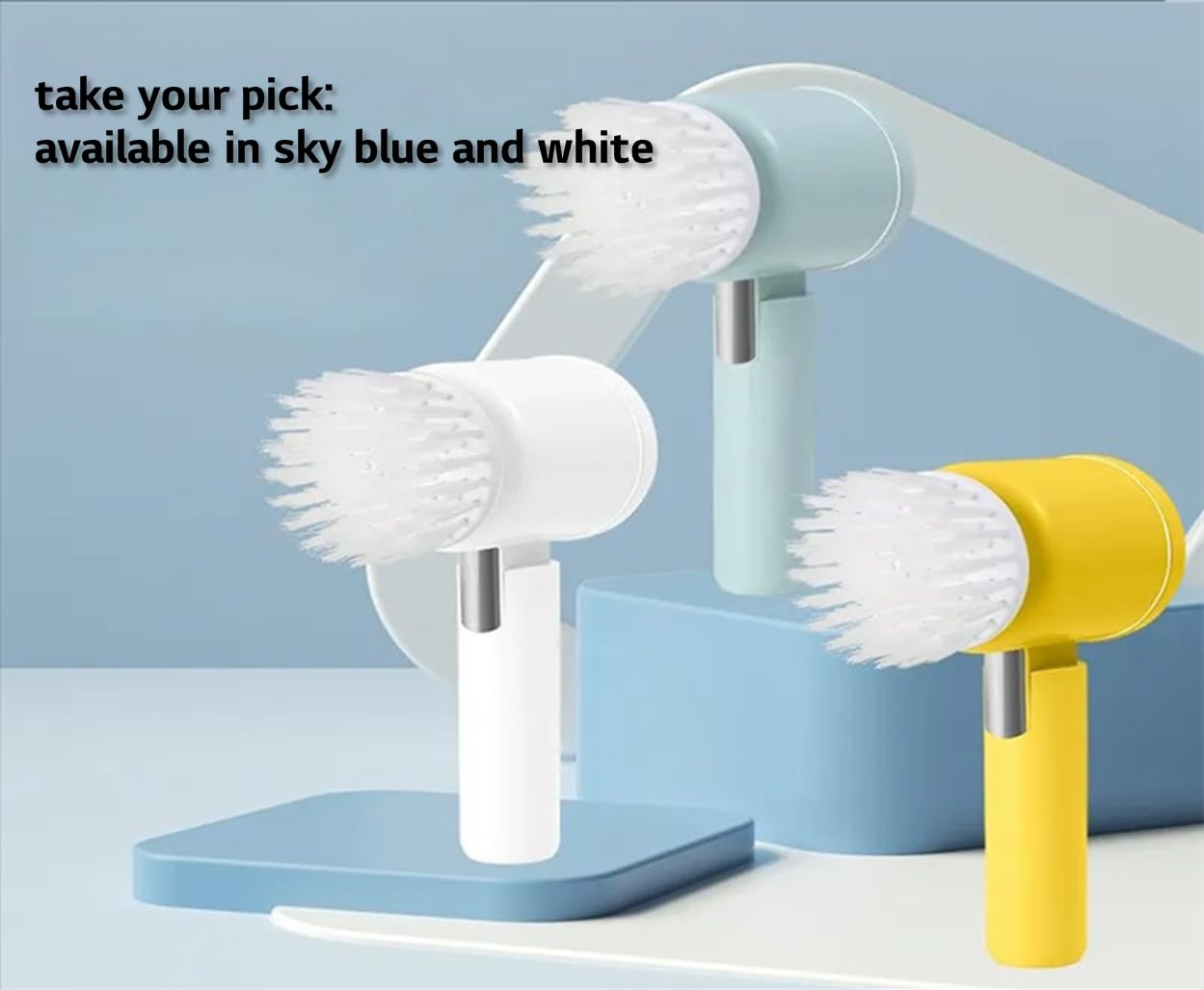 Powerful Spin-Head Cleaning Brush: Portable IPX7 Waterproof 3 Brush Types 3HR Working by LG 18650-type Battery 1-Touch Start for Stubborn Grease & Stain (Sky Blue)