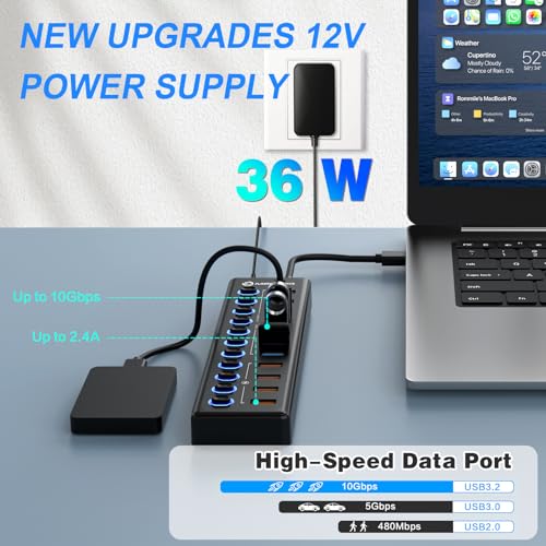 Powered USB Hub: MENKSID 11-Port USB 3.2 Hub with 7 Data – Close-up Detail