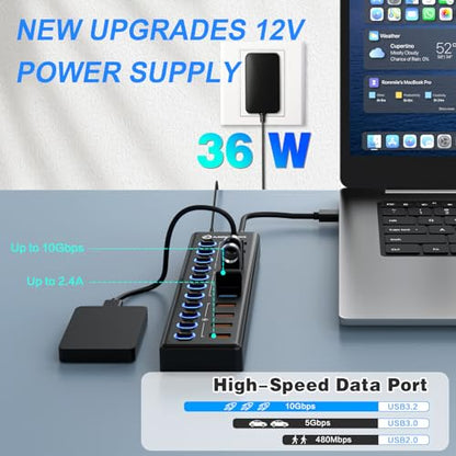 Powered USB Hub: MENKSID 11-Port USB 3.2 Hub with 7 Data – Close-up Detail