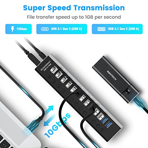 Powered USB Hub: Rosonway Aluminum 13 Port USB 3.1/3.2 Gen – Side View