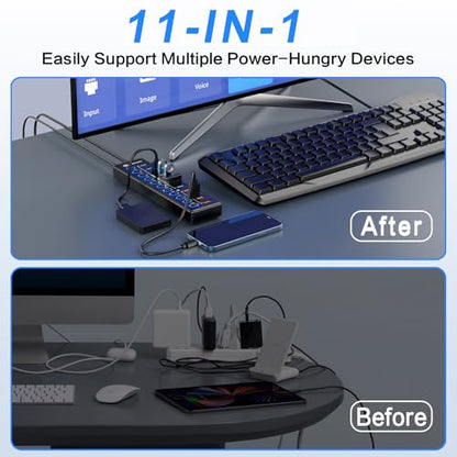 Powered USB Hub: MENKSID 11-Port USB 3.2 Hub with 7 Data – Back View