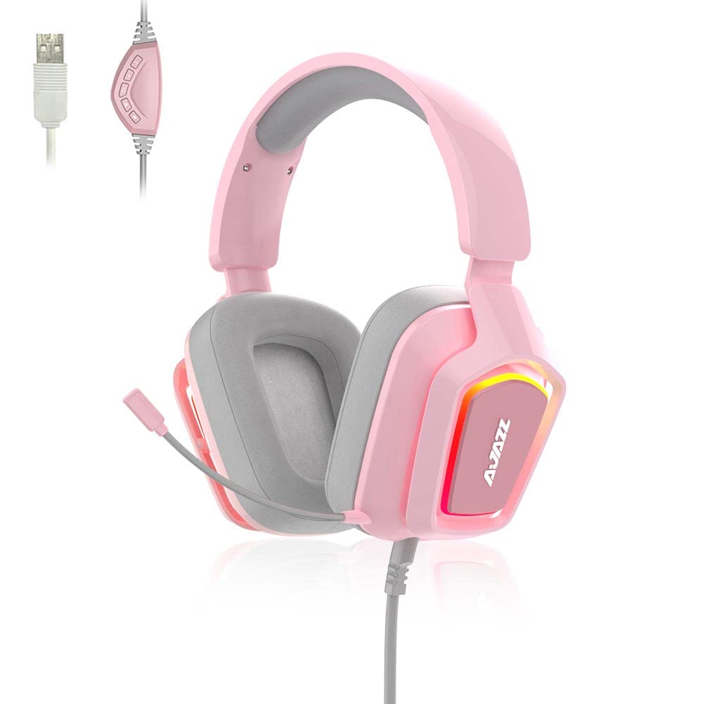 NACODEX AX368 USB Gaming Headset with 7.1 Stereo Surround Sound & LED Light, Retractable Noise Canceling Microphone, Over Ear Headphones with Comfortable Earmuffs for PC Laptop (Pink-Grey)