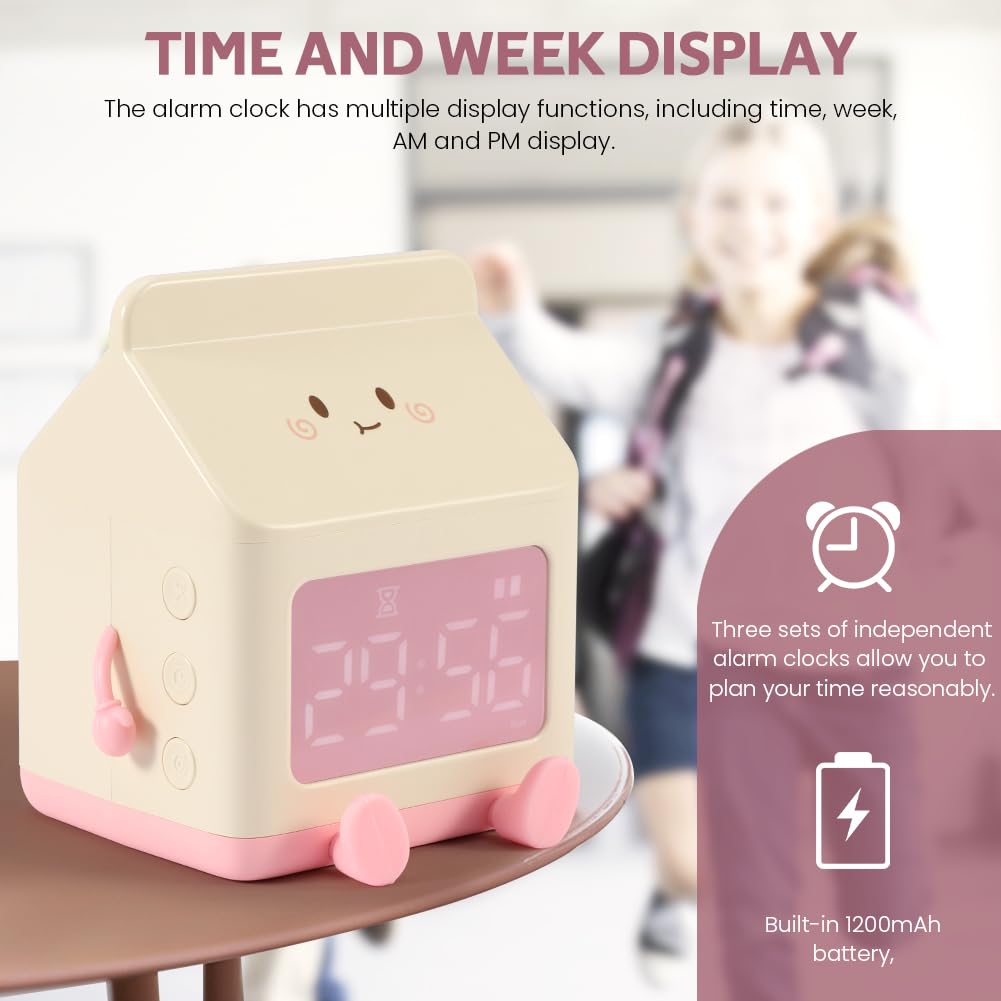 KASCLINO Milk Carton Alarm Clock, LED Display Alarm Clock, Desktop Decorative Digital Clock, Wake-up Countdown Clock with Data Cable(Pink)