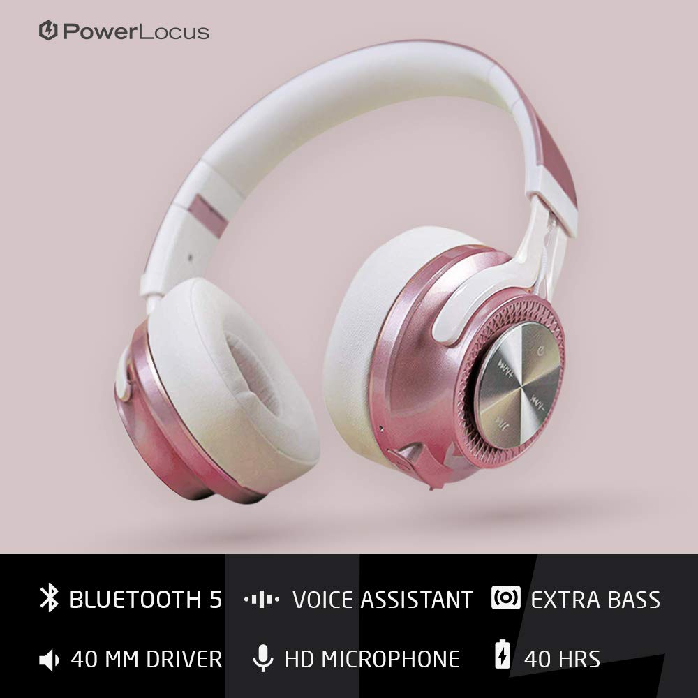 PowerLocus P3 Bluetooth Headphones Over-Ear, [26h Playtime, Bluetooth 5.0] Wireless Hi-Fi Stereo Headphone, Foldable with Mic, Deep Bass, Wired Mode for Cell Phones/Laptop/PC/TV (Rose Gold)