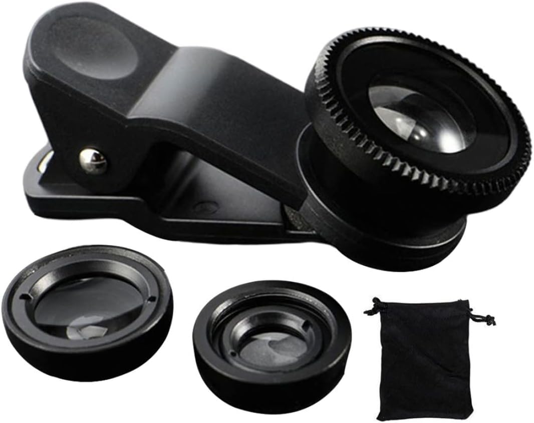 1Pc Black Fisheye Lens iPhone 3 in 1 Wide Angle Fish Eye Macro Lenses Clip-on Universal Lens Phone Lens Kit for Photo and Video Accessories with Most Smartphones for Video, Live Show, Vlog