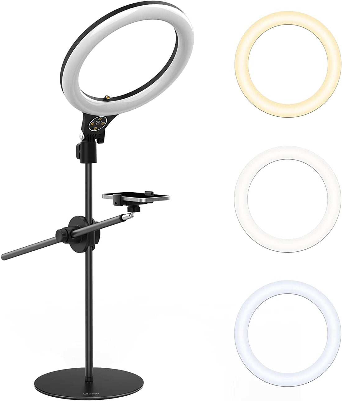 Ulanzi Overhead Phone Mount with 10" Selfie Ring Light, Tabletop Light Stand with 360Ã‚° Adjustable Shooting Arm, 3500k-6500K Dimmable Ring Light for Video Recording, Live Streaming, Portrait & Makeup