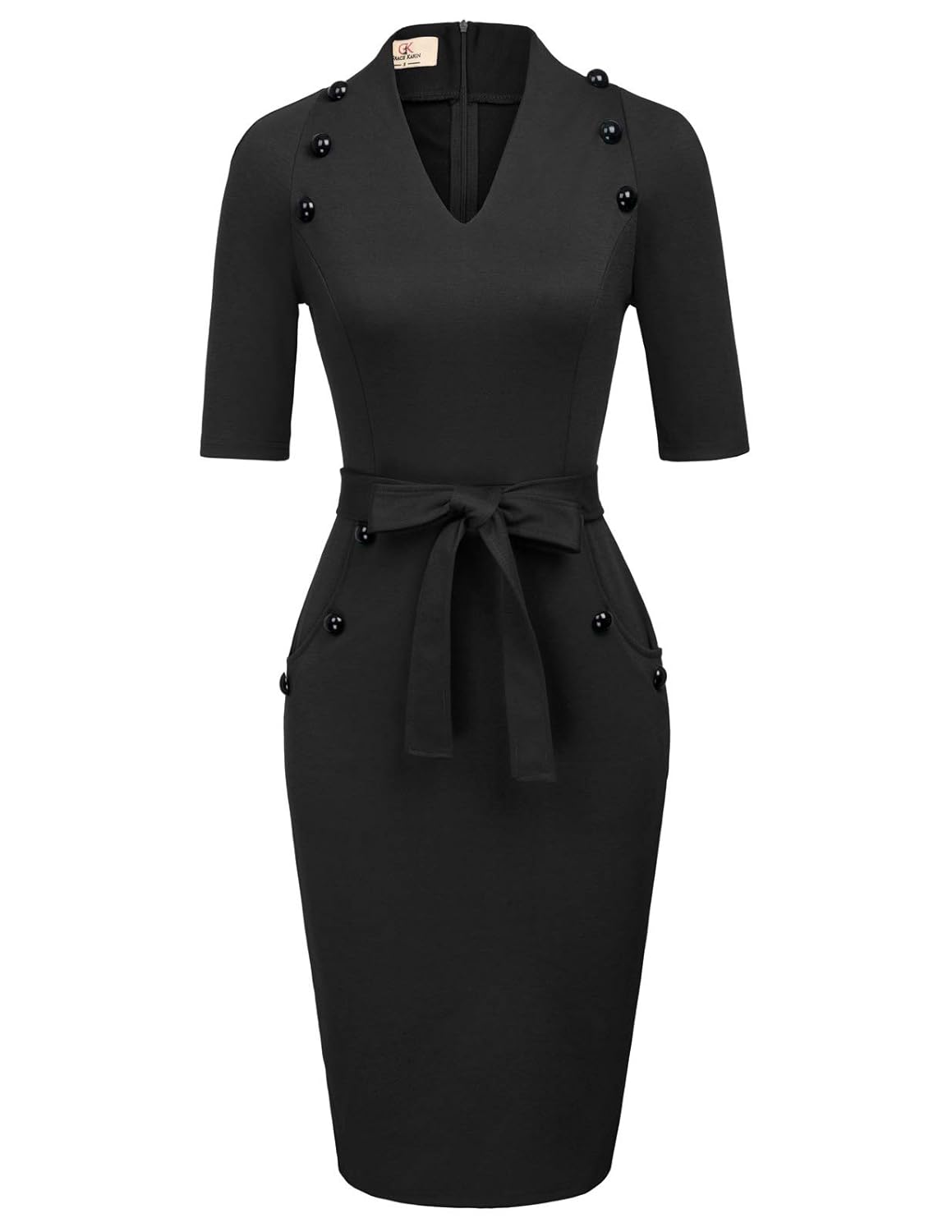 GRACE KARIN Women's Short Sleeve Bodycon Dress Belted Business Cocktail Funeral Pencil Dress with Procket