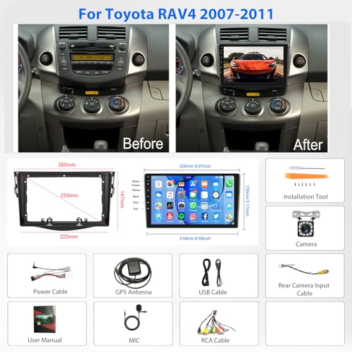 Android 13 Car Radio for Toyota RAV4 2007 2008 2009 2010 – Size Reference
