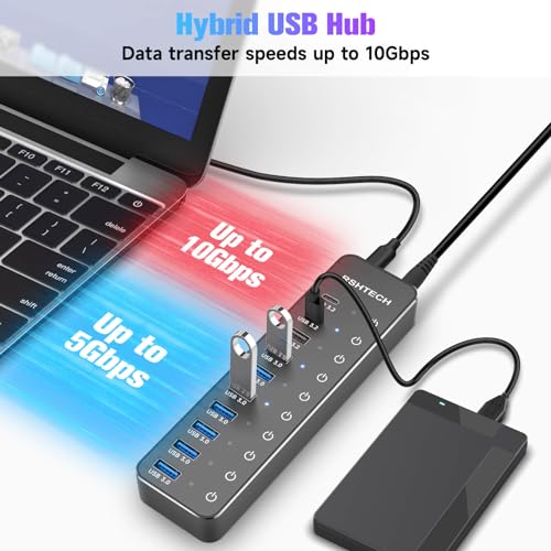 Powered USB Hub: RSHTECH 10-Port USB 3.2/USB C Hub 60W – Close-up Detail