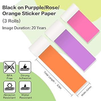 Phomemo Colorful Thermal Sticker Paper M02/M02 Pro/M02S Mini Printer, Black Character on Purpple/Rose/Orange, 50mm x 3.5m, Diameter 30mm, 3 Rolls