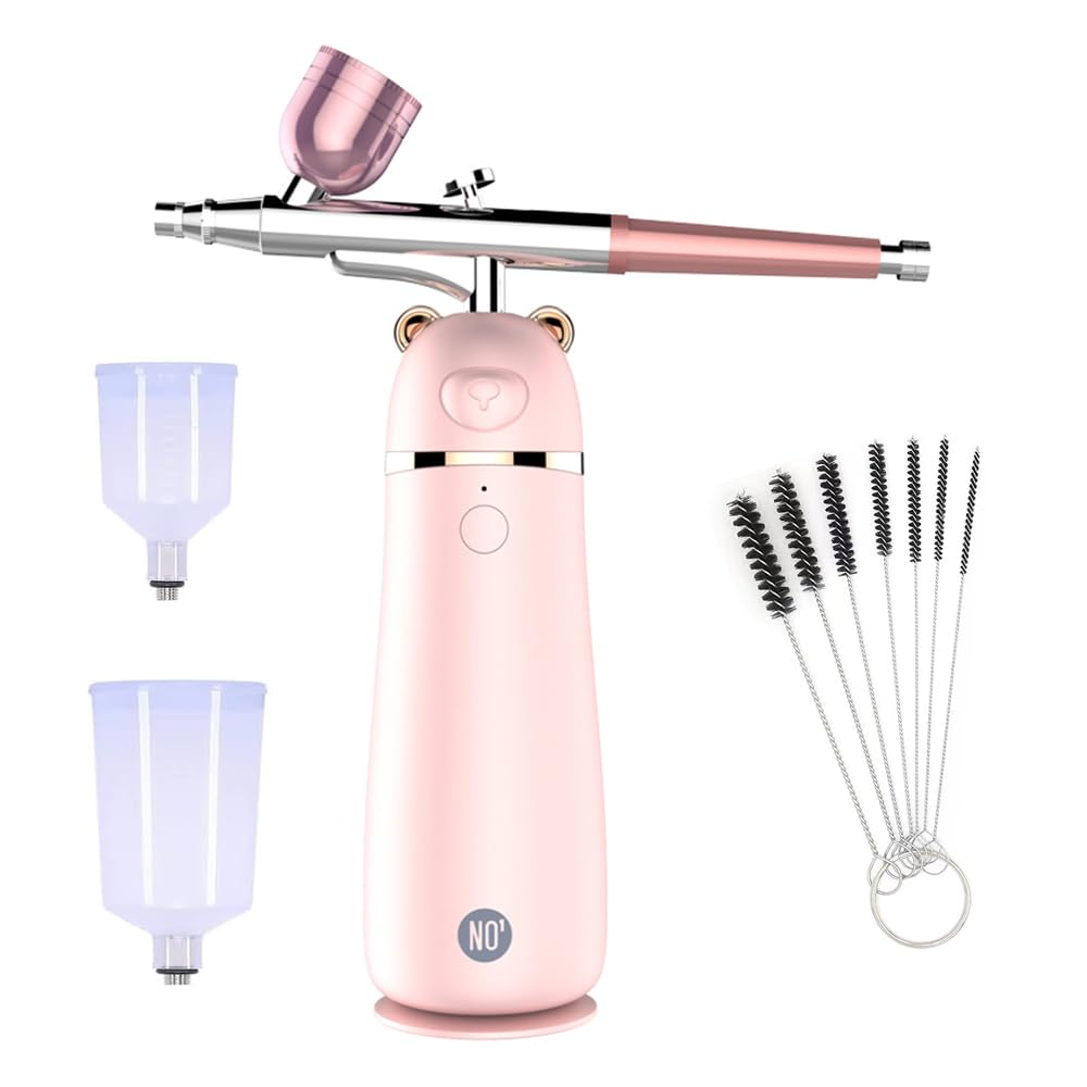 Airbrush Kit with Compressor, Rechargeable Airbrush Makeup Spray, Cordless Handheld Airbrush Gun, Portable Airbrush Painting Machine for Doodling, Nail Art, Barber, Cake Decor, Cookie (Pink)