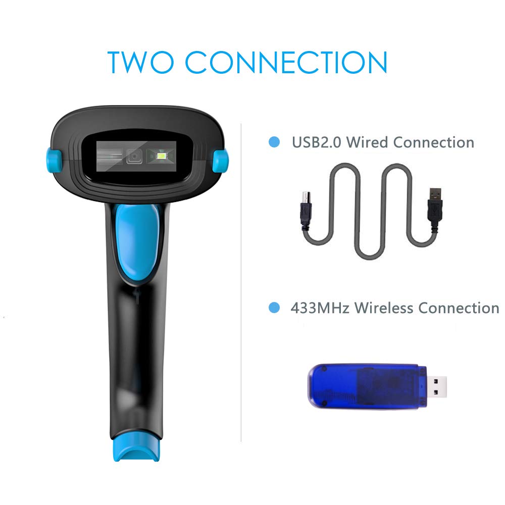 NADAMOO 2D Wireless Barcode Scanner (2-in-1 433Mhz Wireless & USB2.0 Wired) 1D QR PDF417 Data Matrix Bar Code Scanner Cordless CMOS Image Barcode Reader for Mobile Payment Computer Screen