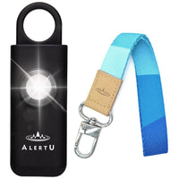ALERTU Personal Safety Birdie Alarm with Wrist Lanyard - Police Recommended 130 dB Protection Siren, Strobe LED Light - Air Travel Approved - Pocket Size - U.S.Company (Black-BlueGeo)