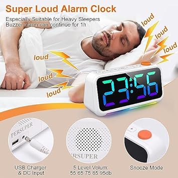 [RGB] Digital Alarm Clock for Bedroom, Dynamic RGB Color Changing, 7 Color Night Light, 3 Alarm Types, Adjustable Snooze Function, with USB Charger Port and Dimmer, for Kids, Teens, Heavy Sleepers