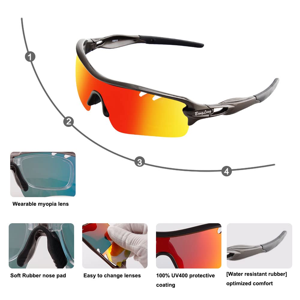 Polarized Sports Sunglasses for Men Women with 5 Interchangeable Lenes for Cycling Sunglasses Running Baseball Finishing