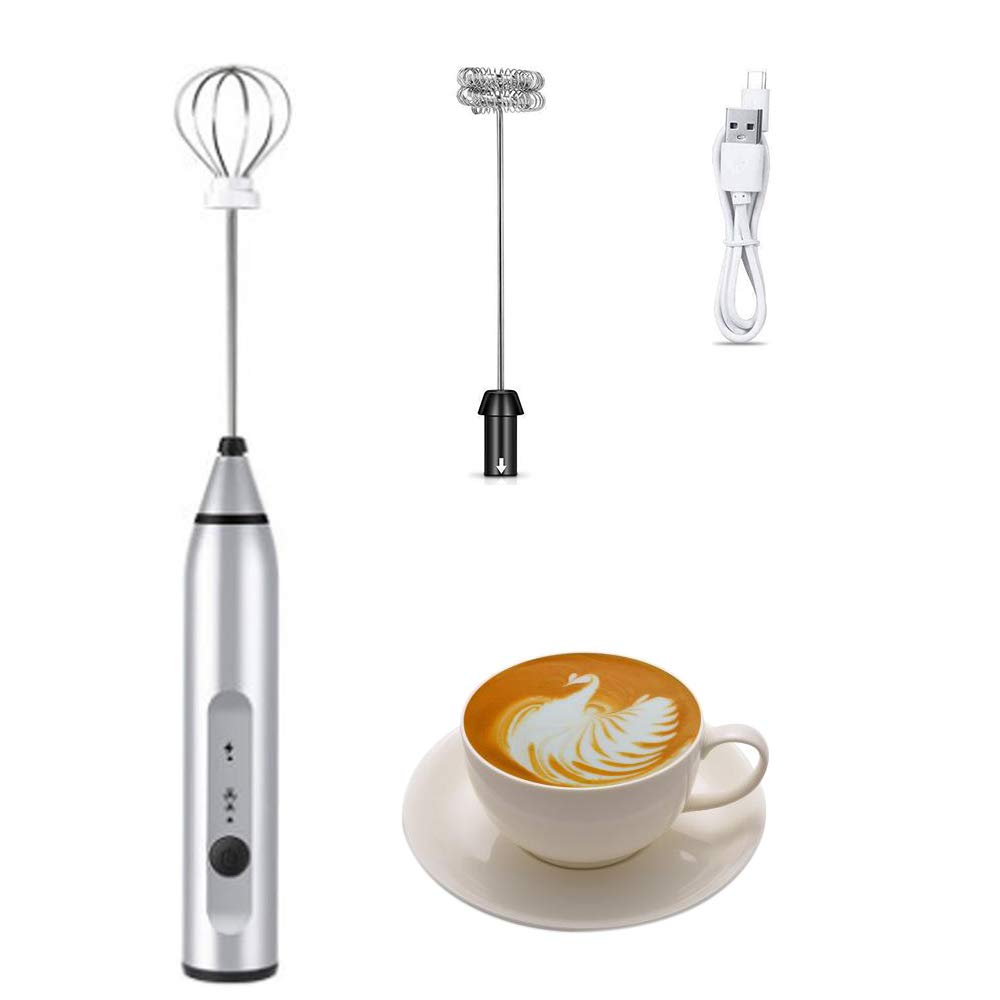 Electric Milk Frother with Double Whisks, USB Rechargeable Electric Foam Maker, 2 in 1 Hand-held Battery Operated Milk Foamer for Coffee, Latte, Cappuccino, Egg Whipping(Silver)