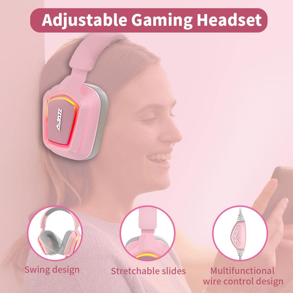 NACODEX AX368 USB Gaming Headset with 7.1 Stereo Surround Sound & LED Light, Retractable Noise Canceling Microphone, Over Ear Headphones with Comfortable Earmuffs for PC Laptop (Pink-Grey)