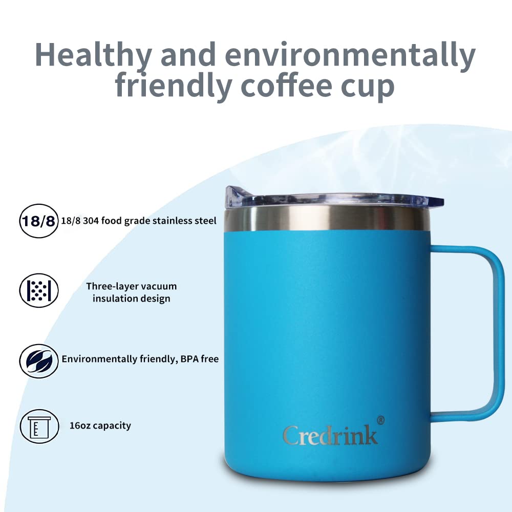 Credrink 15oz Coffee Mug with Handle Double Wall Vacuum Insulated Trave Mug Keep Warm for 6 Hours, Refrigerate for 12 Hours (blue)