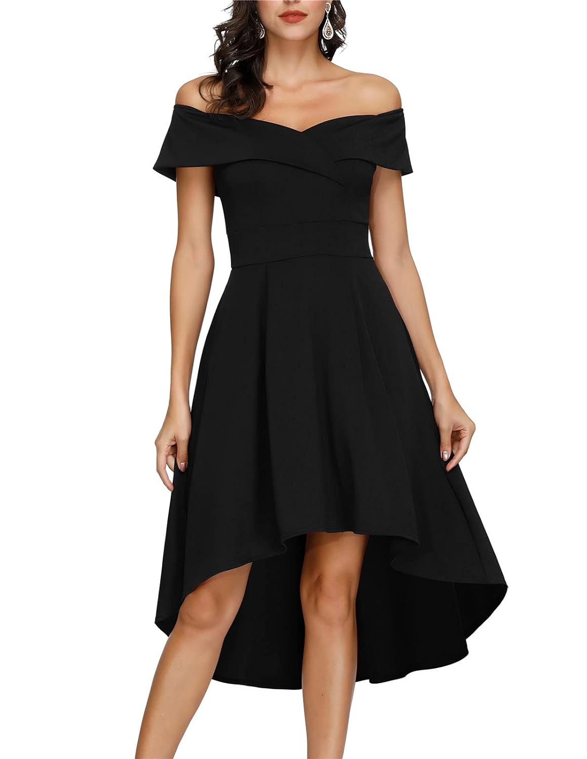 Skater Dress for Women Short Sleeve Off Shoulder Formal Homecoming Vintage A Line Dresses with Pockets Black L