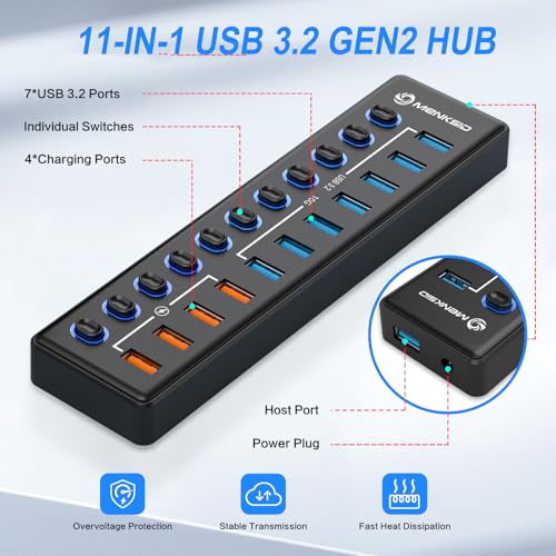 Powered USB Hub: MENKSID 11-Port USB 3.2 Hub with 7 Data – Side View