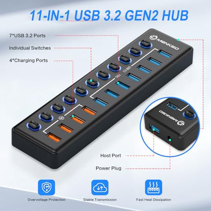 Powered USB Hub: MENKSID 11-Port USB 3.2 Hub with 7 Data – Side View