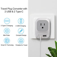 Mapambo European Universal Travel Plug Adapter 220V to 110V Voltage Converter with 2 USB Port 2 USB C International Power Adapter for Hair Straightener/Curling Iron US to Most of Europe (Grey)