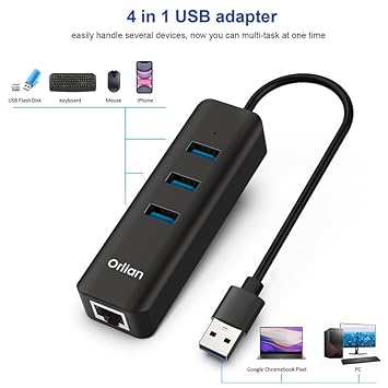 Orlian USB Hub USB 3.0 Hub with RJ45 1Gbps Ethernet Port Slim Multiple Ports 4-in-1 USB Splitter for MacBook Air 2017 iMac Acer HP Surface Dell Lenovo Chromebook Windows Laptops