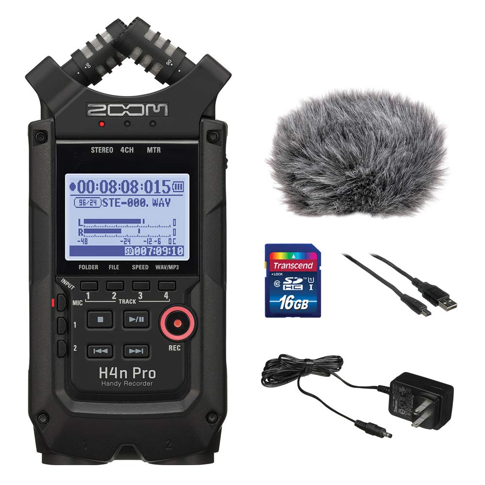 Zoom H4n Pro 4-Channel Handy Recorder Bundle with Custom Windbuster for Zoom H4n AC Adapter A Male to Type B Mini Male Cable 6 and 16GB SD Card