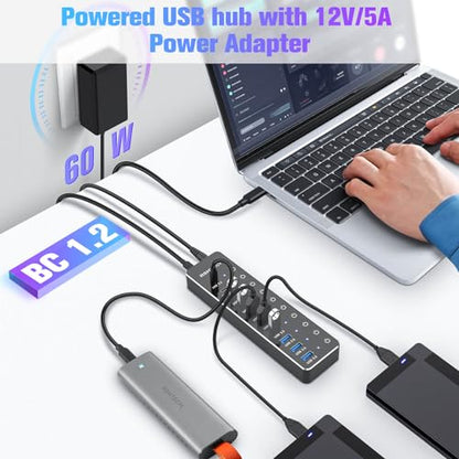 Powered USB Hub: RSHTECH 10-Port USB 3.2/USB C Hub 60W – In Use
