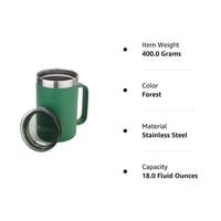 Congela 18oz Premium Stainless steel insulated coffee mug with handle, double wall insulated coffee mug, travel camping cup with Tritan lid, Green color(Forest, 18oz)