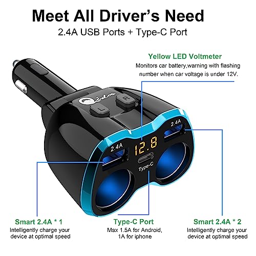 Cigarette Lighter Splitter: 2-Socket USB-C 12V Car Charger – Side View
