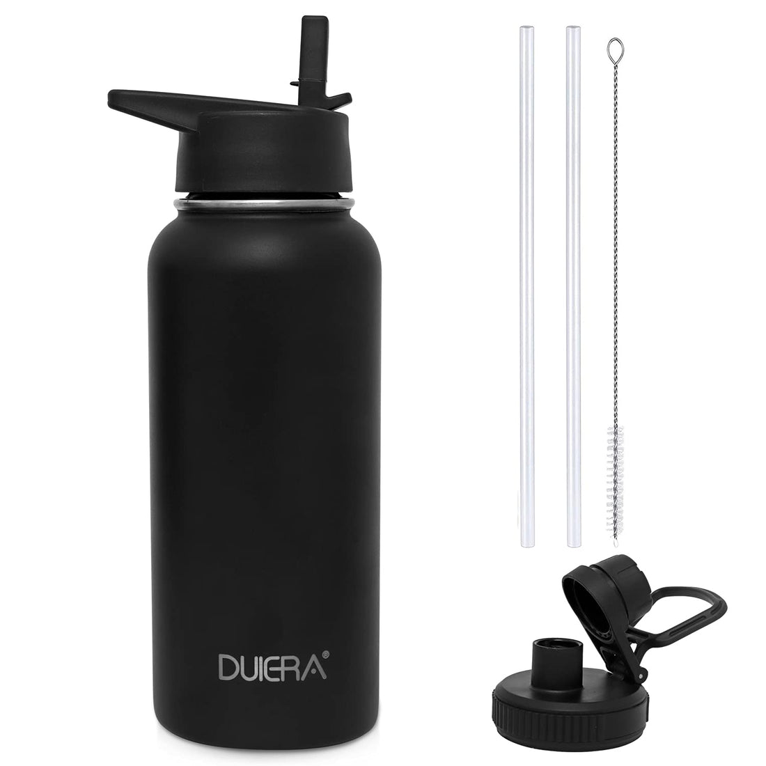 DUIERA 32oz Stainless Steel Water Bottle Double Wall Vacuum Insulated Leak Proof Water Bottle with Straw & Spout Lids for Gym Travel Camping - Black