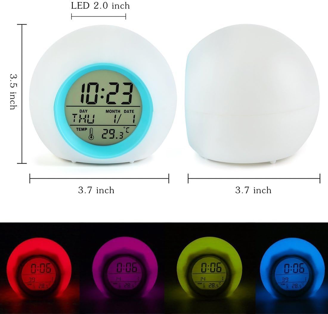 BUBUCAM LED Alarm Clock Digital Kids Alarm Clock Light Temperature Indoor Night Light Bedside Lamp 7 Colors