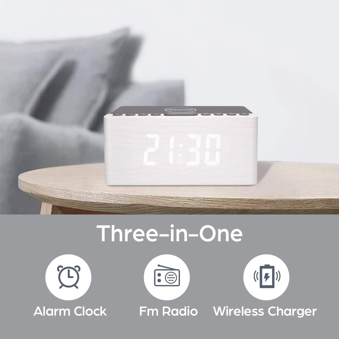 ANJANK Wooden Digital Alarm Clock FM Radio, 10W Fast Wireless Charger Station for iPhone/Samsung Galaxy, 5 Level Dimmer, USB Charging Port, 2 Wake up Sounds, Bedrooms Sleep Timer, Wood LED Clock