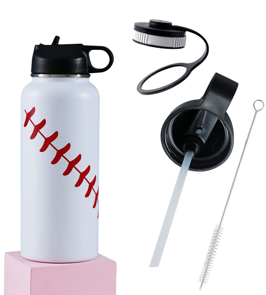 32 oz Baseball Sports Water Bottle Insulated 2 Lids Straw Travel Tumbler Durable Stainless Steel Vacuum Bottle (white)