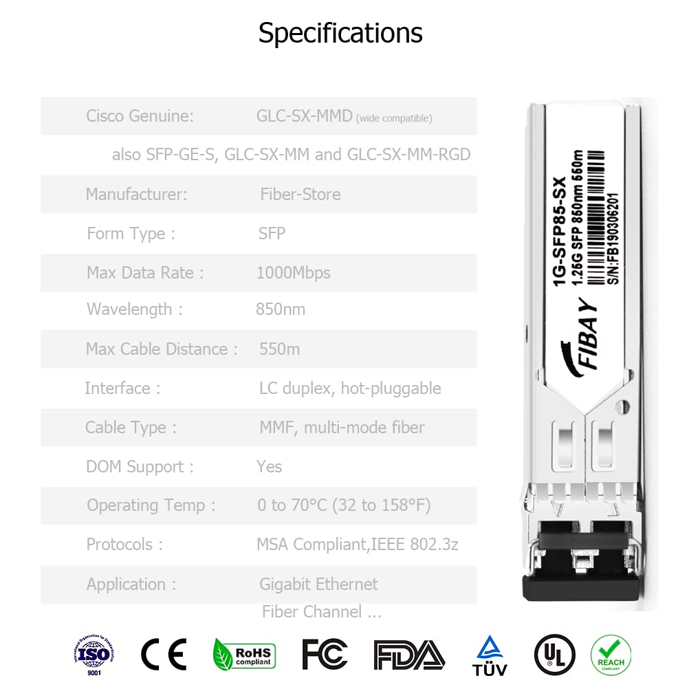 1.25G SFP SX 1000Base-SX Multi-Mode Mini GBIC 850nm MMF 550m LC DOM Transceiver Module for Cisco GLC-SX-MMD GLC-SX-MM SFP-GE-S Ubiquiti UF-MM-1G Finisar D-Link Brocade and More