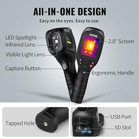 VEVOR Thermal Imaging Camera, 240x180 IR Resolution (43200 Pixels), 20Hz Refresh Rate Infrared Camera with -4℉~662℉ Temperature Range, 16G Built-in SD Card, and Rechargeable Li-ion Battery