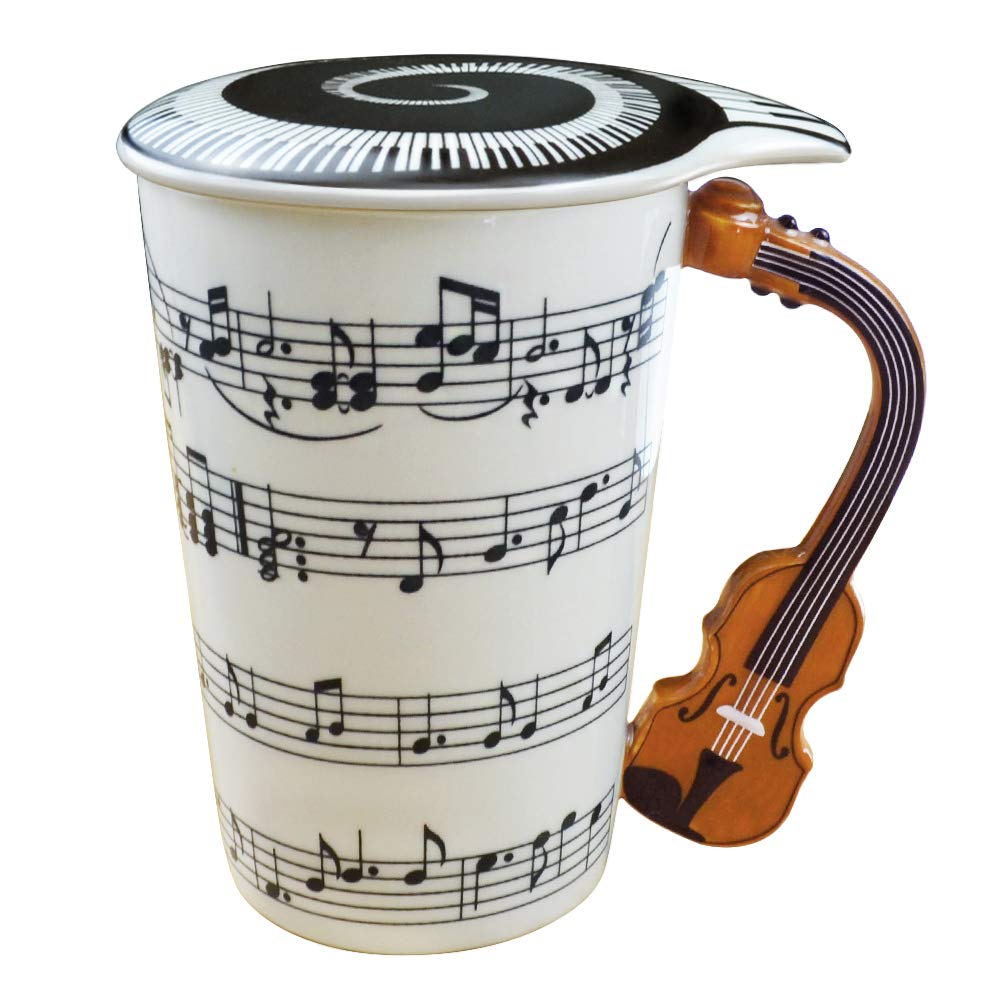 Music Coffee Mug with Lid and Violin Handle 13.5 Ounce, Water Tea Drinks Cup, Gift for Music Lover/Teacher/Friend