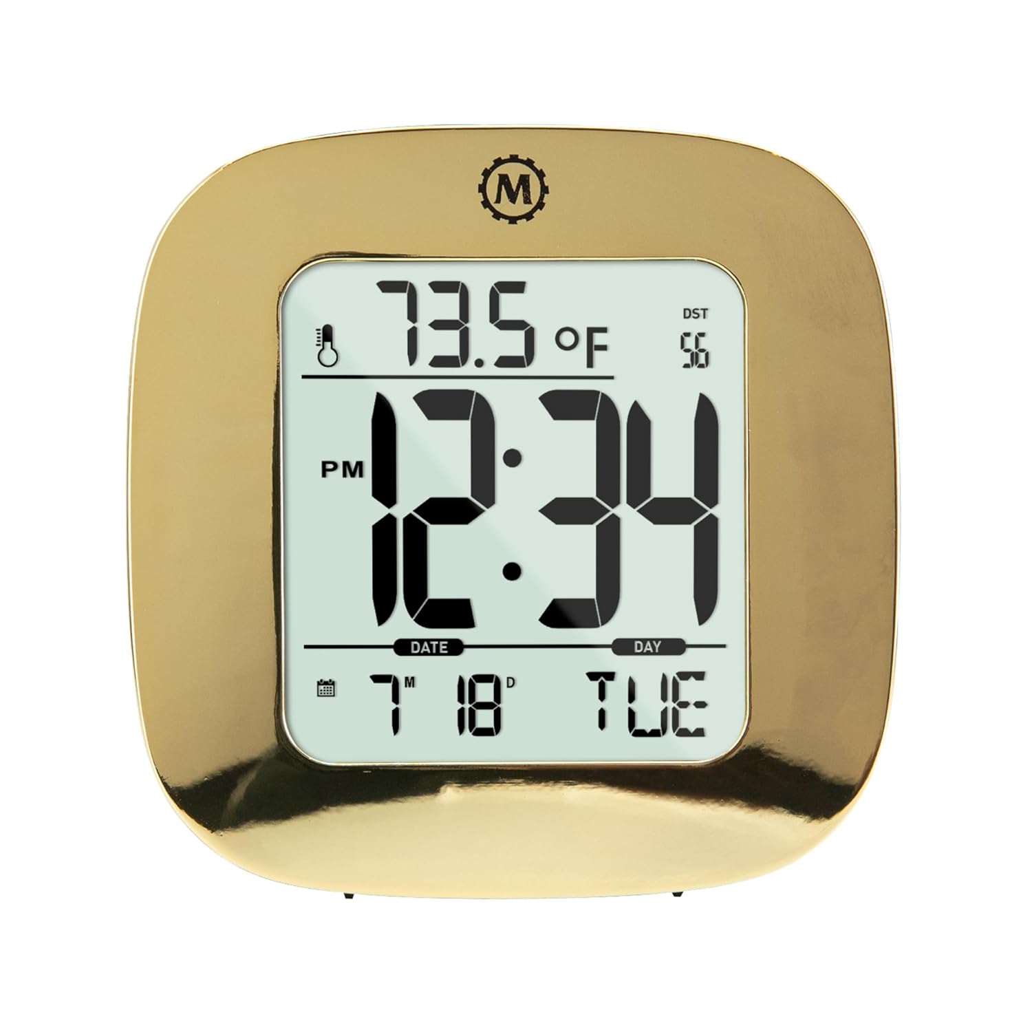 Marathon CL030058GD Special Edition Compact Alarm Clock with with Snooze, Light Feature, Temperature and Date - Polished Gold - Batteries Included