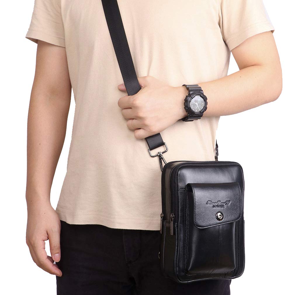 Vintage Leather Shoulder Messenger Bag for Men Travel Business Crossbody Pack Daypack Wallet Phone Pouch Purse Bag Black