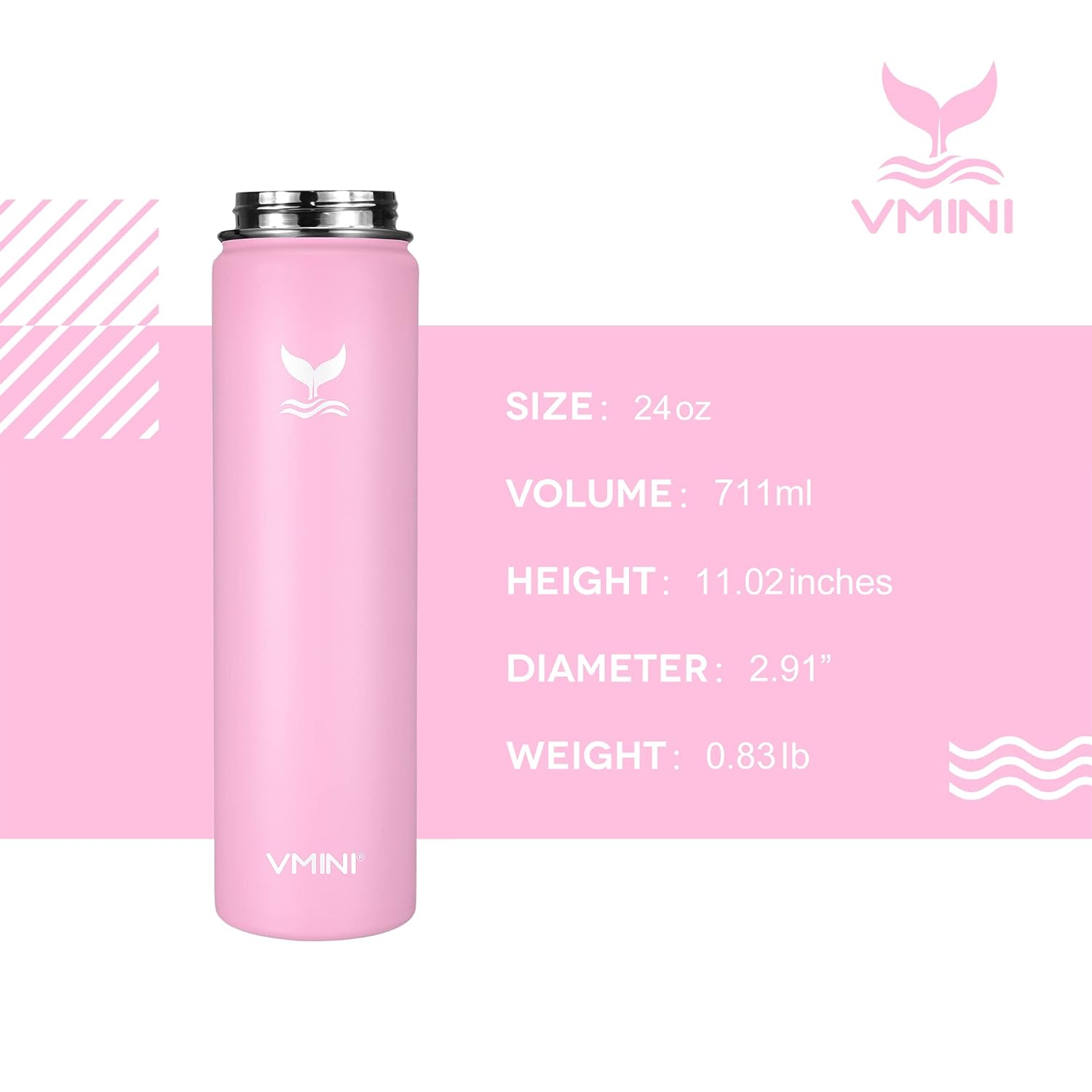 Vmini Water Bottle with Straw, Wide Rotating Handle Straw Lid, Wide Mouth Vacuum Insulated Stainless Steel Water Bottle, Pick, 24 oz