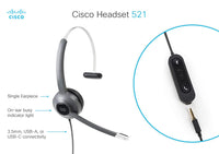 Cisco Headset 521, Wired Single On-Ear 3.5mm Headset with USB-A Adapter, Charcoal, 2-Year Limited Liability Warranty (CP-HS-W-521-USB=)