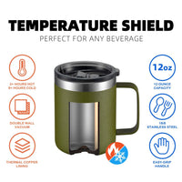 ALOUFEA 12oz Stainless Steel Insulated Coffee Mug with Handle, Double Wall Vacuum Travel Mug, Tumbler Cup with Fliping Lid, Navy and Army Green