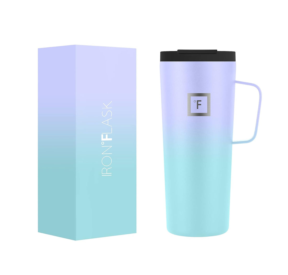 IRON °FLASK Grip Coffee Mug 2.0 - Leak Proof, Vacuum Insulated Stainless Steel Bottle, Double Walled, Thermo Travel, Hot Cold, Water Metal Canteen Cotton Candy 24 Oz