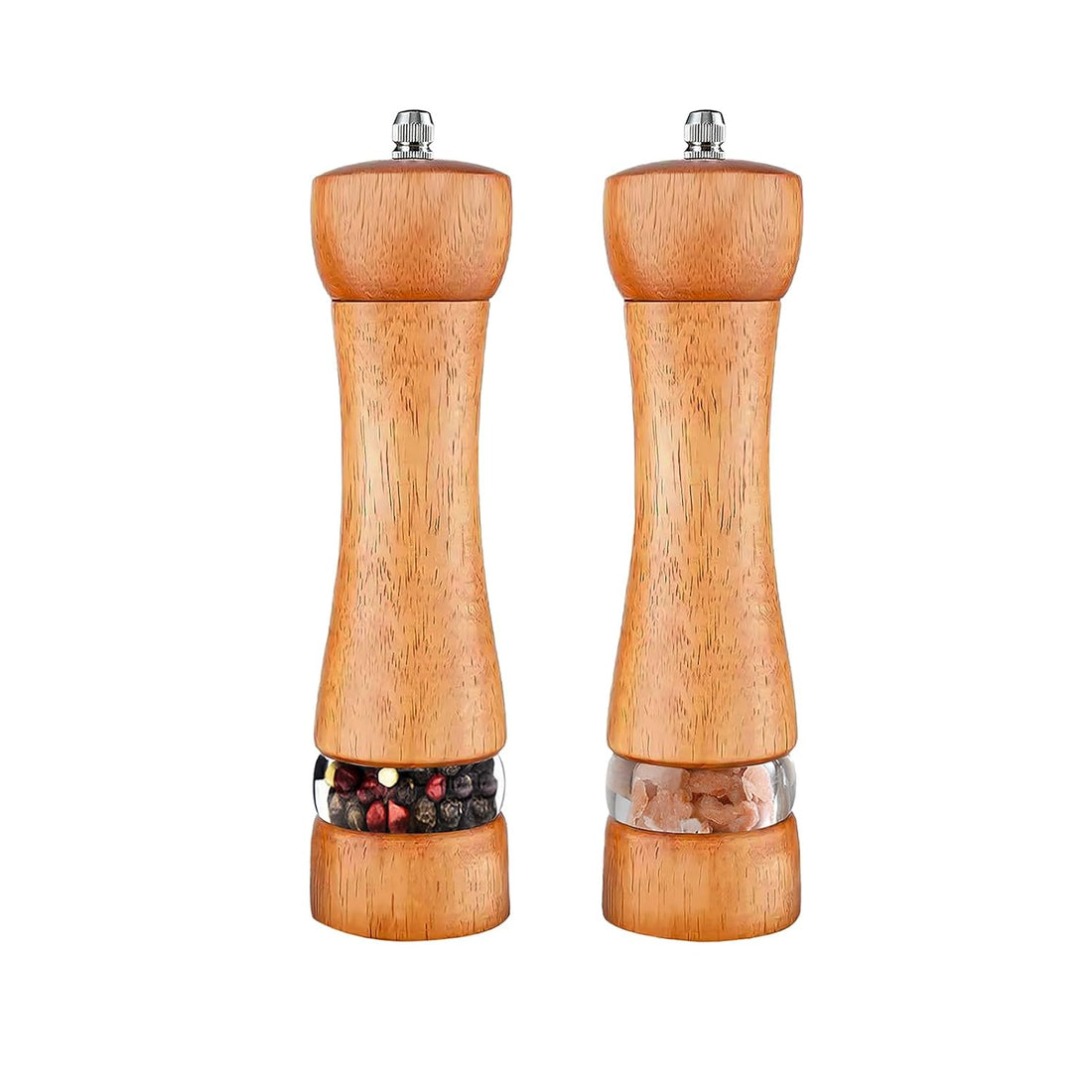 2-Piece Salt and Pepper Grinder Set, 8 Inch Tall Wooden Salt & Pepper Mill Sets with Adjustable Coarseness, Refillable Manual Pepper and Sea Salt Mills for Home Cooks